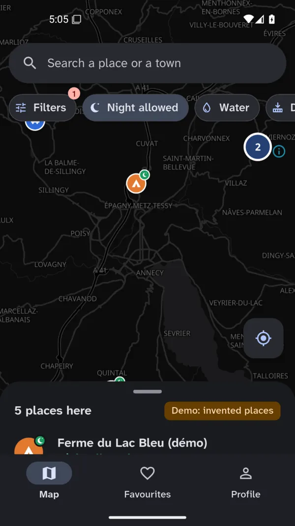 The Lunaway map around Annecy at night, with the search bar, the Night allowed and Water filters, and the list of visible places.