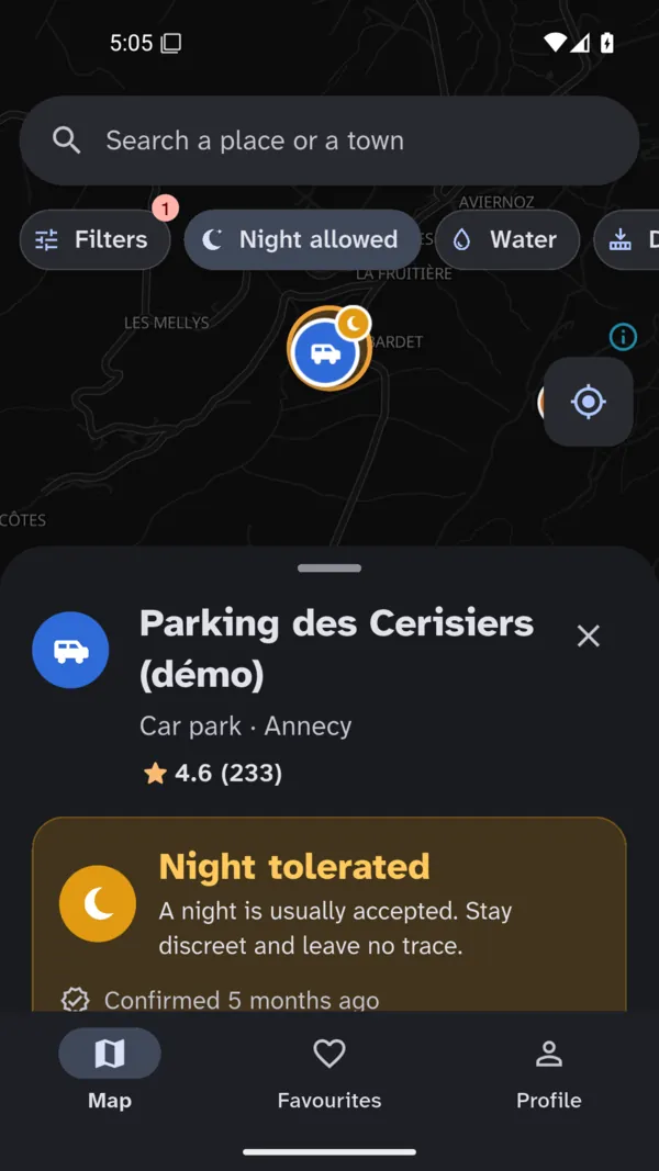 A car park's page in the app: overnight tolerated, rated 4.6 out of 5, with Directions, Save and Share buttons.
