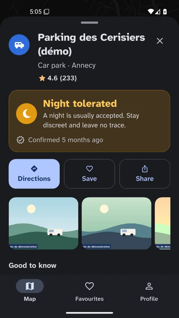 The top of a place's page: the Overnight tolerated card, confirmed 5 months ago, then the place's photos.
