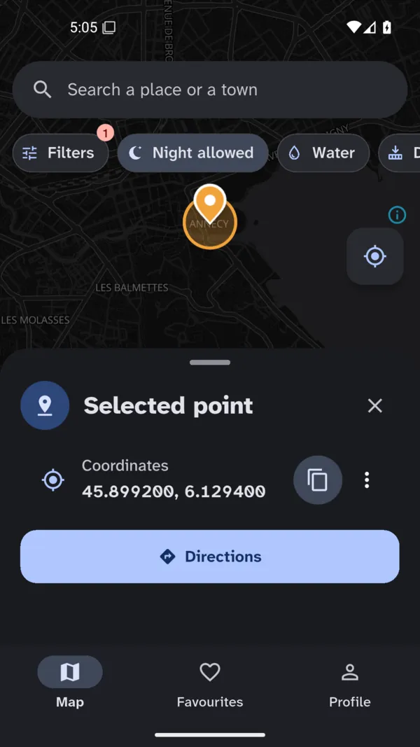 A point picked on the map of Annecy, with its coordinates 45.899200, 6.129400, a copy button and a Directions button.