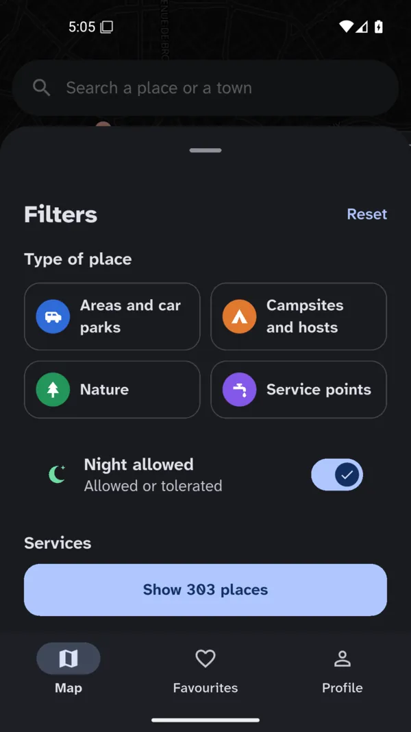 The filters: place types, night allowed, services, and a Show places button.