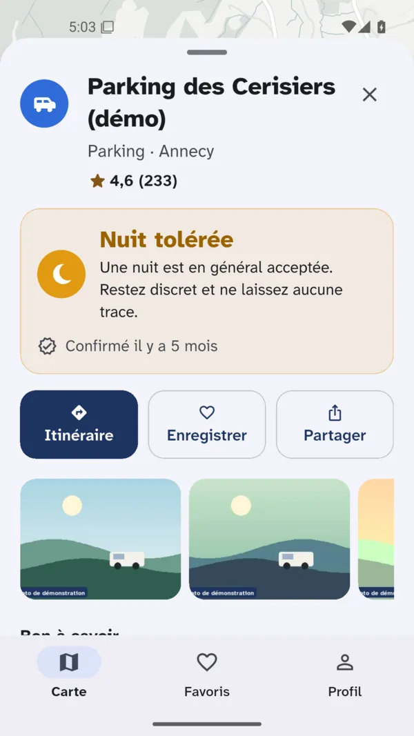 Le haut d'une fiche&nbsp;: la carte Nuit tolérée, confirmée il y a 5 mois, puis les photos du lieu.